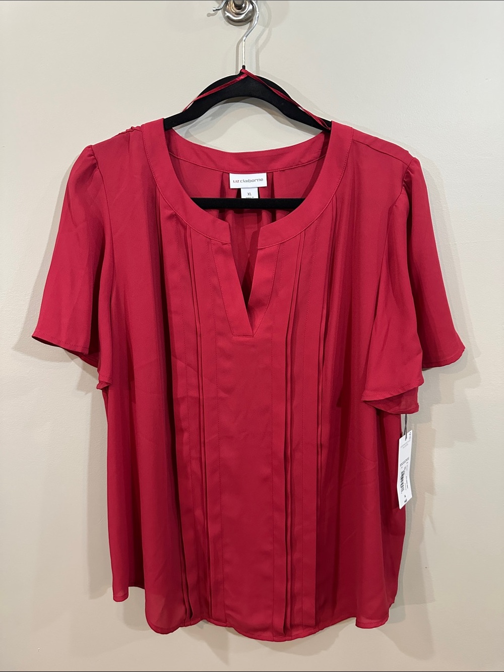 NWT Liz Claiborne Raspberry Red V-Neck Pintuck Flutter Sleeve Blouse